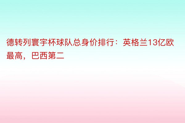 德转列寰宇杯球队总身价排行：英格兰13亿欧最高，巴西第二